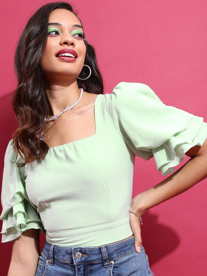 Tokyo Talkies Women Green Solid Fitted Top - Green - Image 1