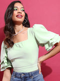 Tokyo Talkies Women Green Solid Fitted Top - Green - Image 1