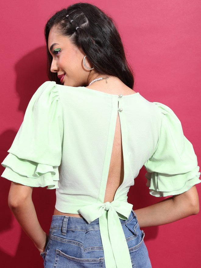 Tokyo Talkies Women Green Solid Fitted Top - Green - Image 3