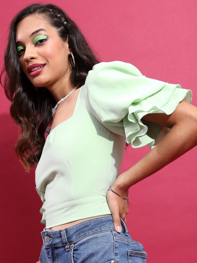Tokyo Talkies Women Green Solid Fitted Top - Green - Image 4