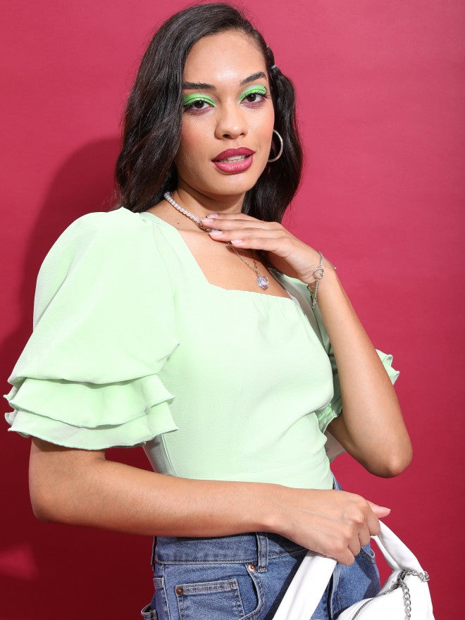 Tokyo Talkies Women Green Solid Fitted Top - Green - Image 6