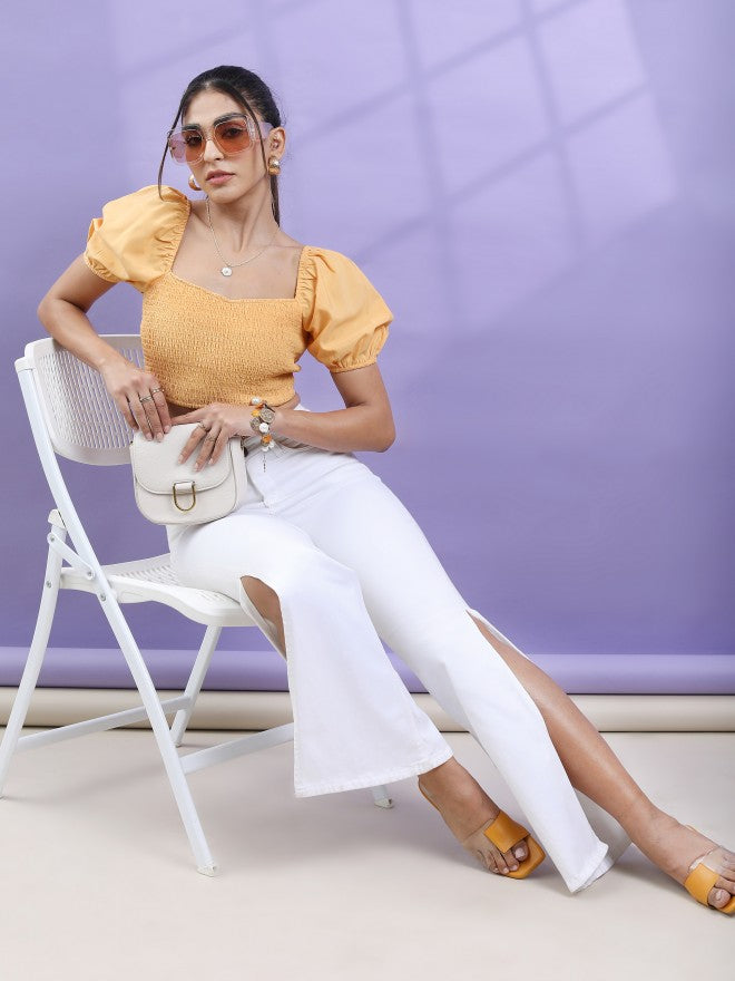 Tokyo Talkies Women Orange Solid Fitted Top - Orange - Image 2