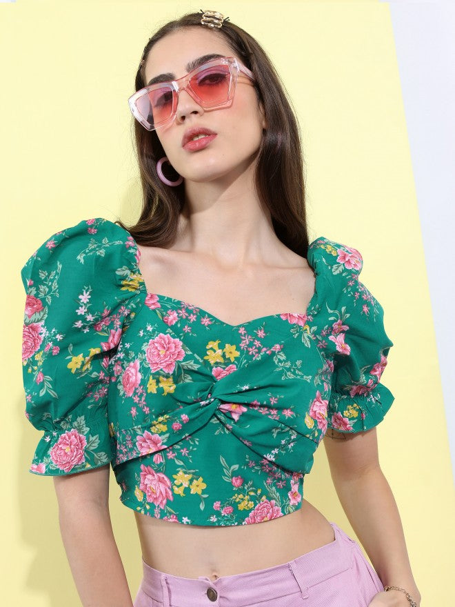 Tokyo Talkies Women Green Printed Blouson Top - Green - Image 1
