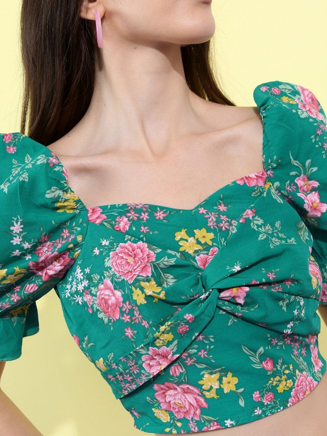 Tokyo Talkies Women Green Printed Blouson Top - Green - Image 5