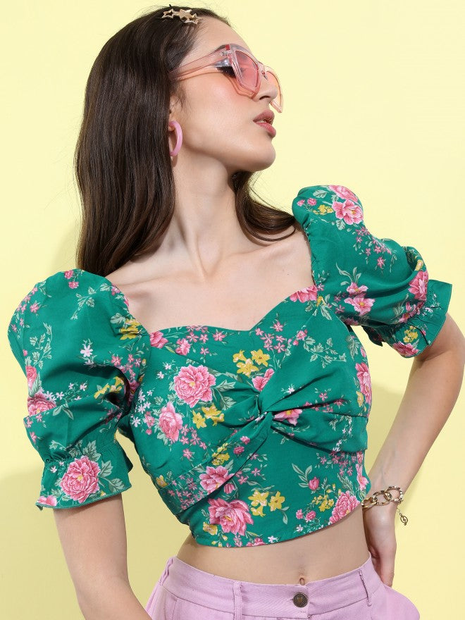 Tokyo Talkies Women Green Printed Blouson Top - Green - Image 6