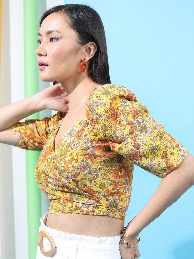 Tokyo Talkies Women Mustard Printed Wrap Top - Mustard - Image 4