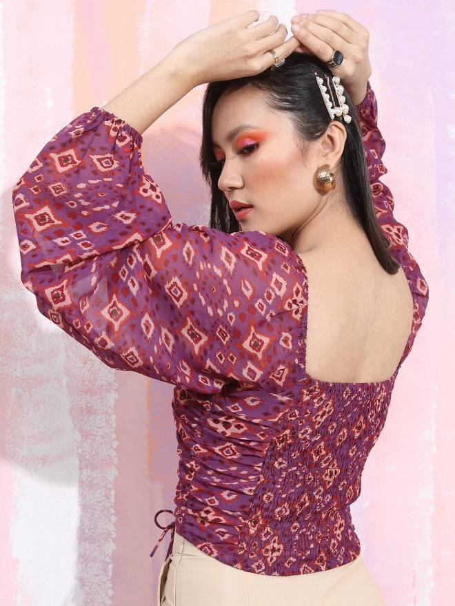Tokyo Talkies Women Purple Printed 
Square Neckline Fitted Crop Top - Purple - Image 3