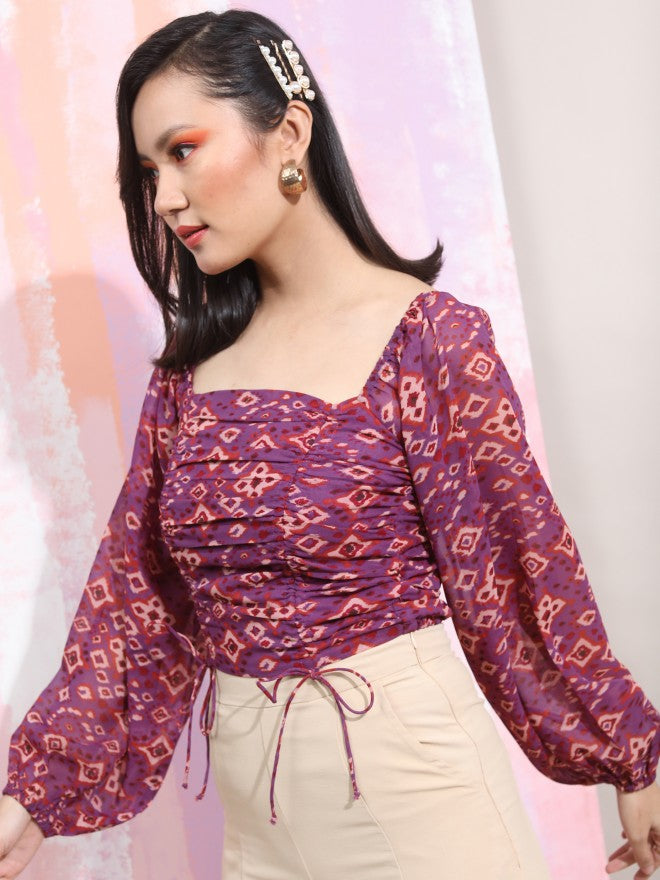 Tokyo Talkies Women Purple Printed 
Square Neckline Fitted Crop Top - Purple - Image 4