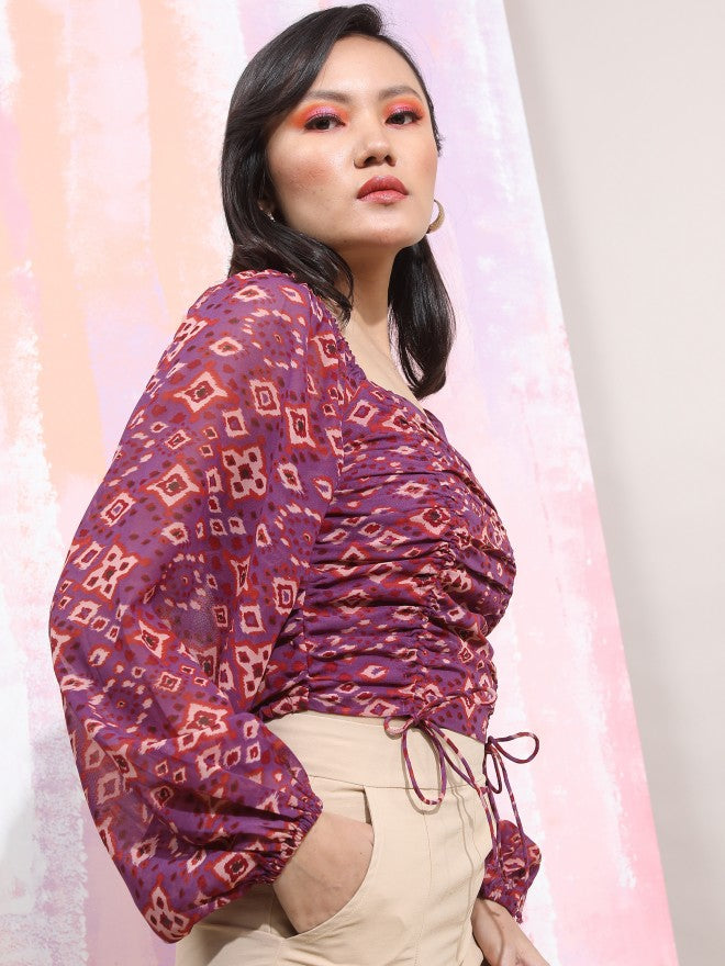 Tokyo Talkies Women Purple Printed 
Square Neckline Fitted Crop Top - Purple - Image 6