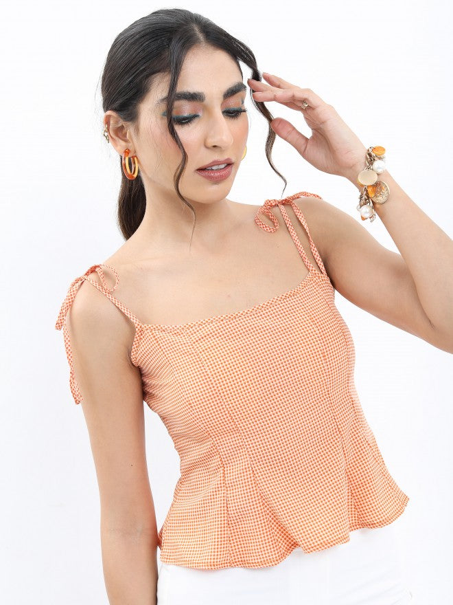 Tokyo Talkies Women Orange Checked Regular Top - Orange - Image 6