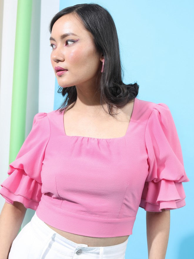 Tokyo Talkies Women Pink Solid Fitted Crop Top - Pink - Image 1