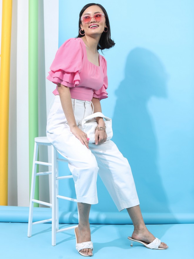 Tokyo Talkies Women Pink Solid Fitted Crop Top - Pink - Image 2
