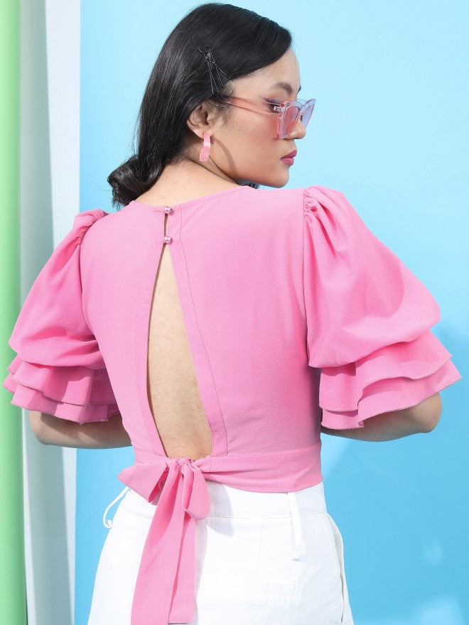 Tokyo Talkies Women Pink Solid Fitted Crop Top - Pink - Image 3