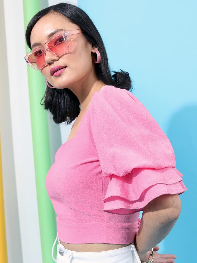Tokyo Talkies Women Pink Solid Fitted Crop Top - Pink - Image 4