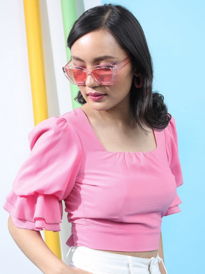 Tokyo Talkies Women Pink Solid Fitted Crop Top - Pink - Image 6