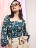 Tokyo Talkies Women Teal Printed Fitted Top - Teal - Image 1