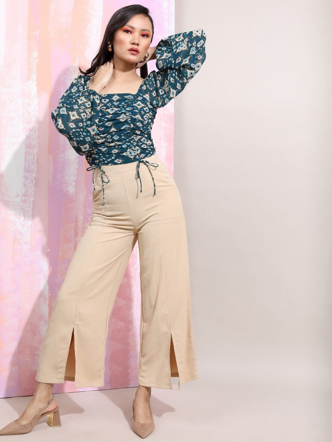 Tokyo Talkies Women Teal Printed Fitted Top - Teal - Image 2