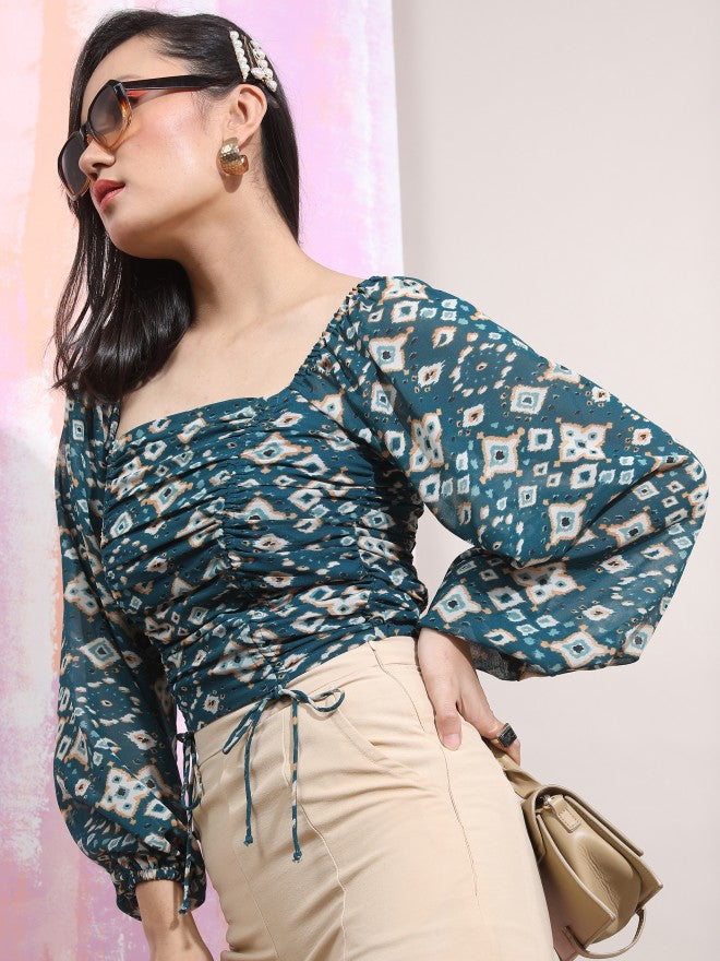 Tokyo Talkies Women Teal Printed Fitted Top - Teal - Image 4