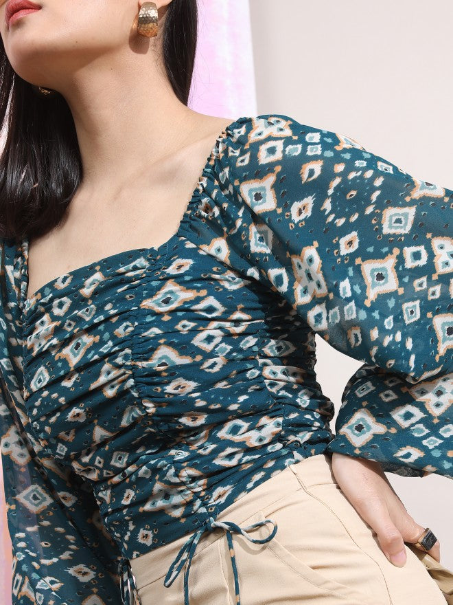 Tokyo Talkies Women Teal Printed Fitted Top - Teal - Image 5