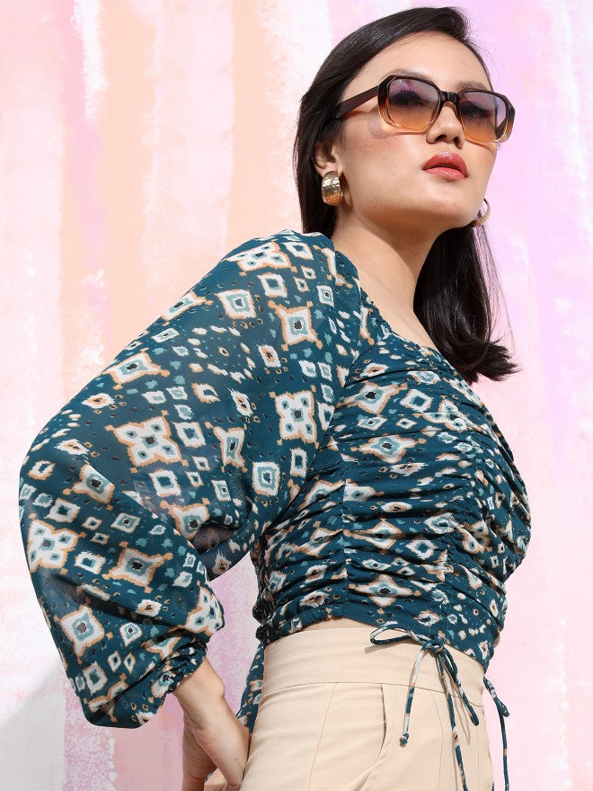 Tokyo Talkies Women Teal Printed Fitted Top - Teal - Image 6
