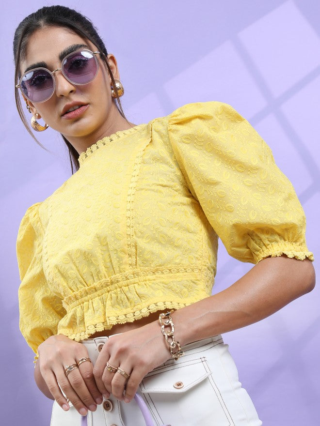 Tokyo Talkies Women Yellow Self Design Regular Top - Yellow - Image 4