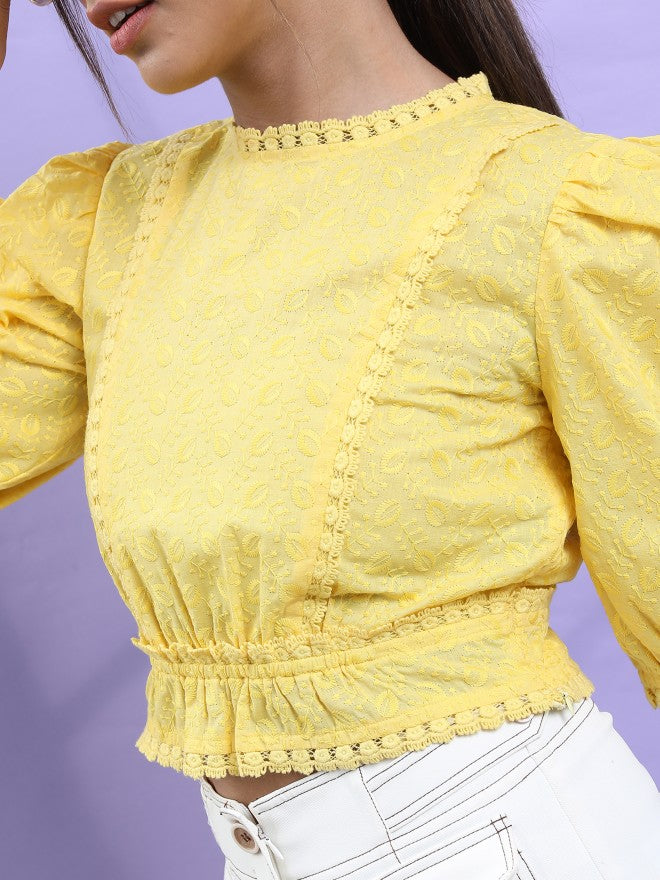 Tokyo Talkies Women Yellow Self Design Regular Top - Yellow - Image 5