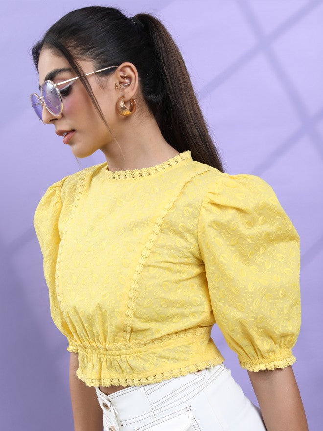 Tokyo Talkies Women Yellow Self Design Regular Top - Yellow - Image 6