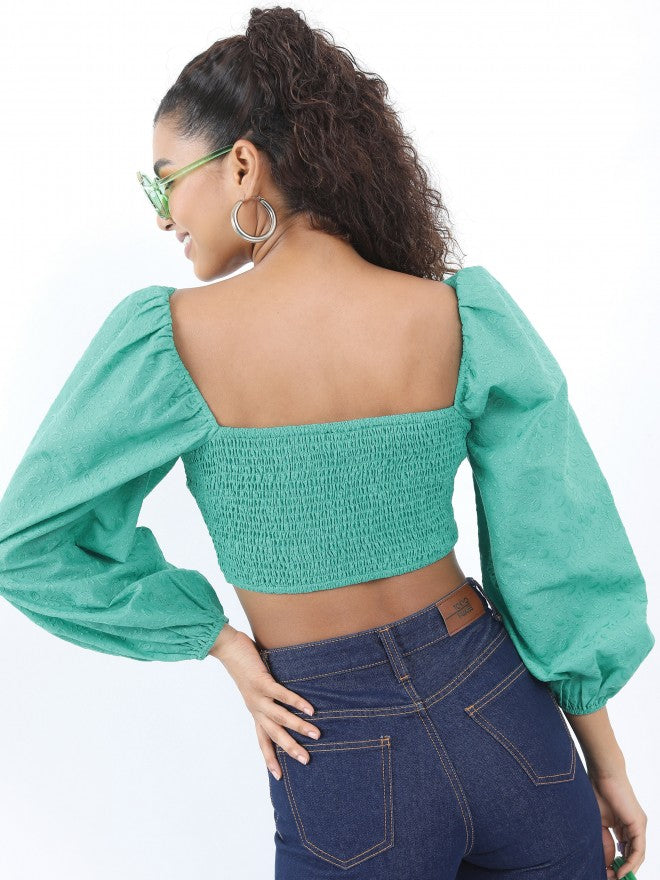 Tokyo Talkies Women Green Self Design Regular Top - Green - Image 3