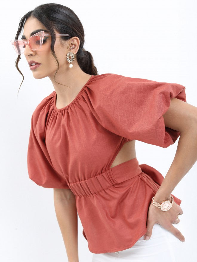 Tokyo Talkies Women Terracotta Solid Peplum Top - Terracotta - Image 1