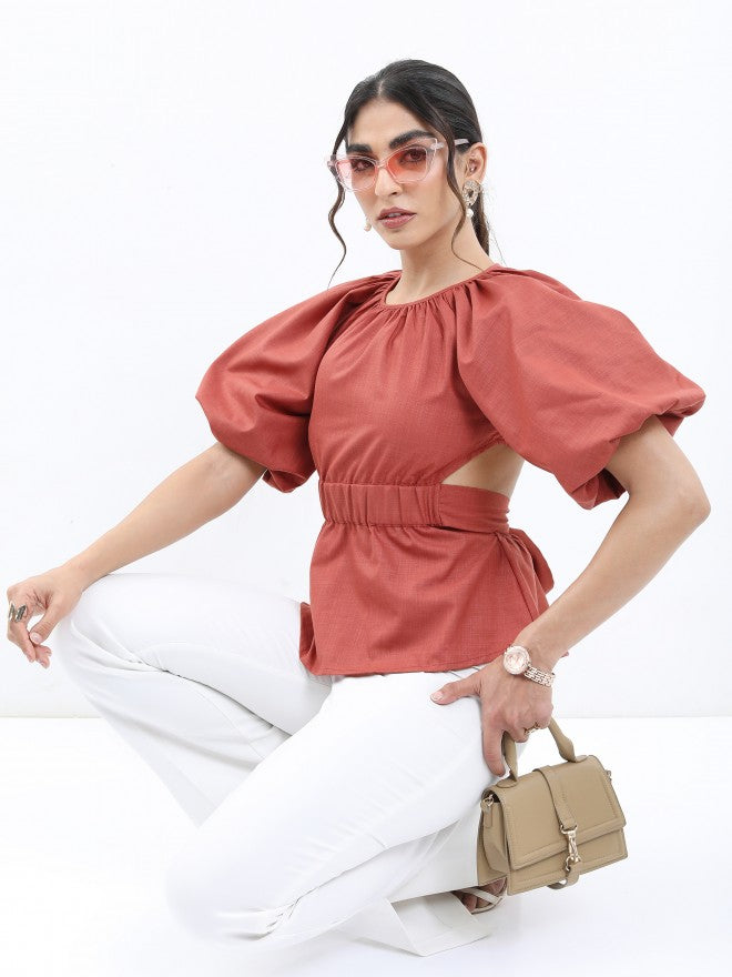 Tokyo Talkies Women Terracotta Solid Peplum Top - Terracotta - Image 2