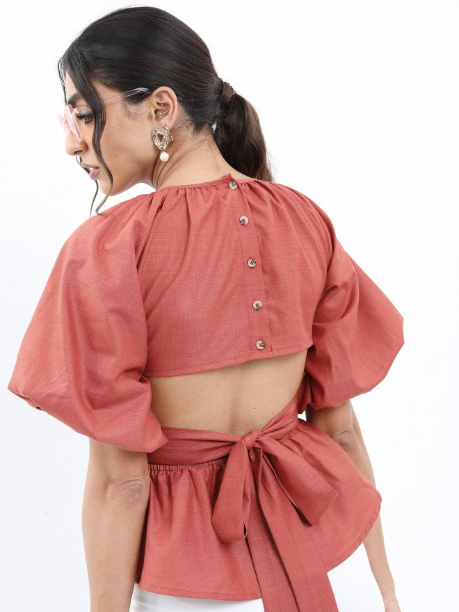 Tokyo Talkies Women Terracotta Solid Peplum Top - Terracotta - Image 3