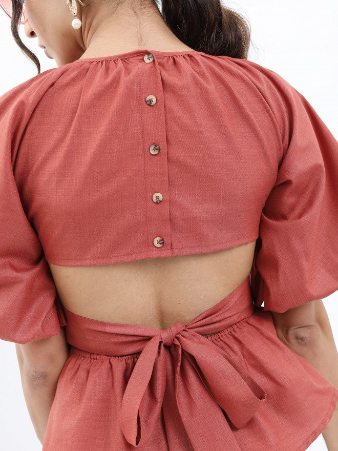 Tokyo Talkies Women Terracotta Solid Peplum Top - Terracotta - Image 4
