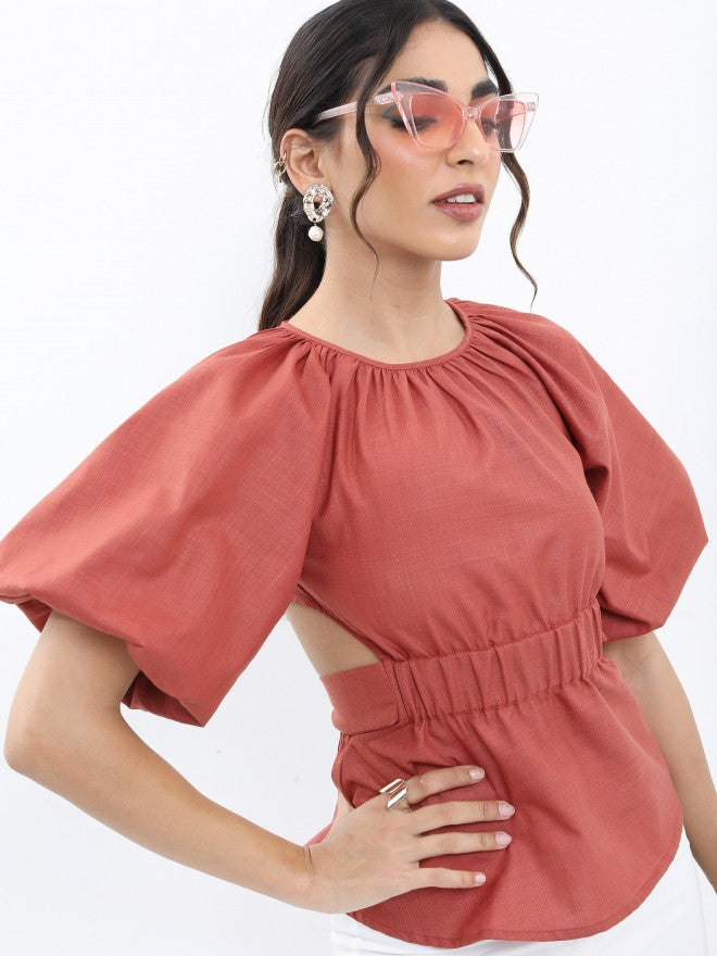 Tokyo Talkies Women Terracotta Solid Peplum Top - Terracotta - Image 5