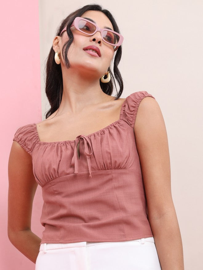 Tokyo Talkies Women Rose Solid Fitted Top - Rose - Image 1