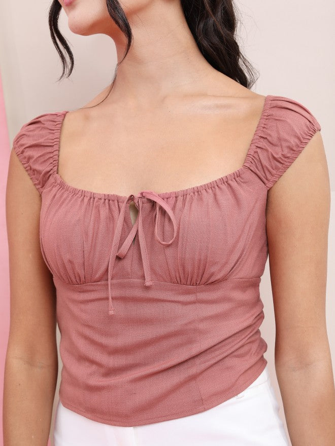 Tokyo Talkies Women Rose Solid Fitted Top - Rose - Image 5