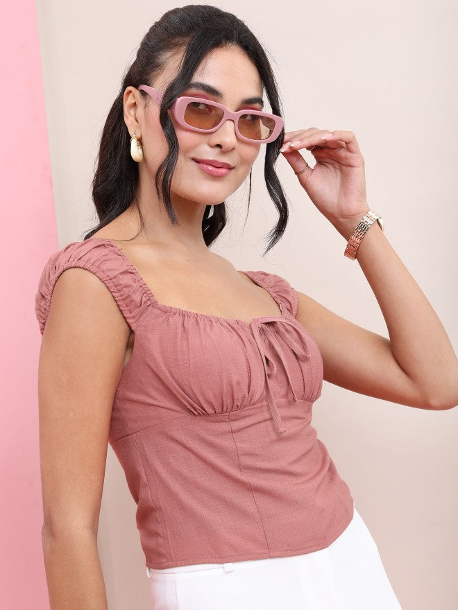 Tokyo Talkies Women Rose Solid Fitted Top - Rose - Image 6