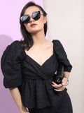 Tokyo Talkies Women Black Self Design Regular Top - Black - Image 1