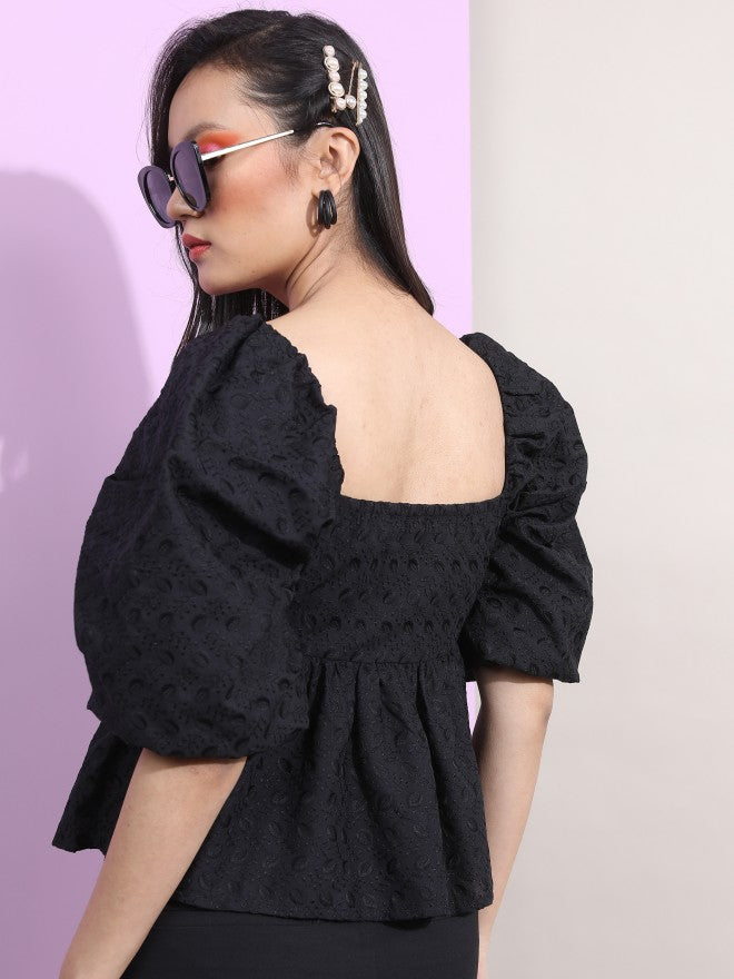 Tokyo Talkies Women Black Self Design Regular Top - Black - Image 3