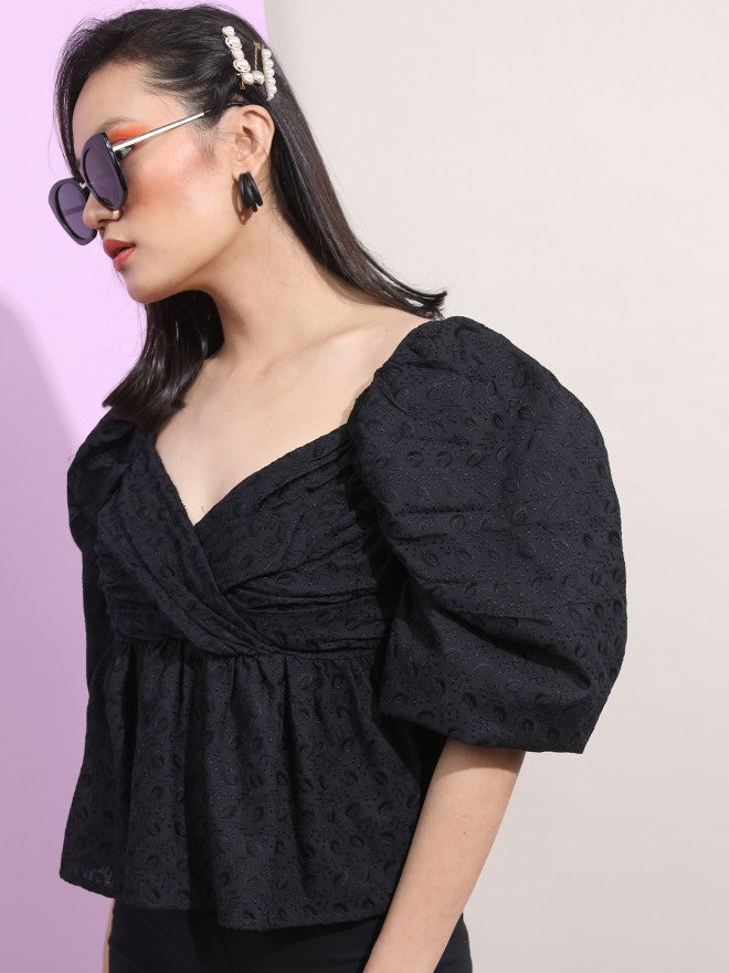 Tokyo Talkies Women Black Self Design Regular Top - Black - Image 4