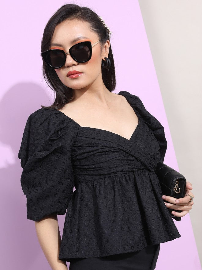 Tokyo Talkies Women Black Self Design Regular Top - Black - Image 6