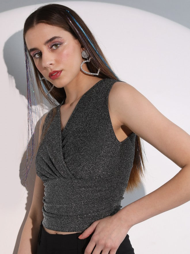 Tokyo Talkies Women Black Self Design Fitted Top - Black - Image 1