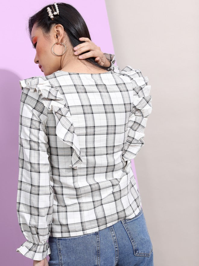 Tokyo Talkies Women White Checked Regular Top - White - Image 3