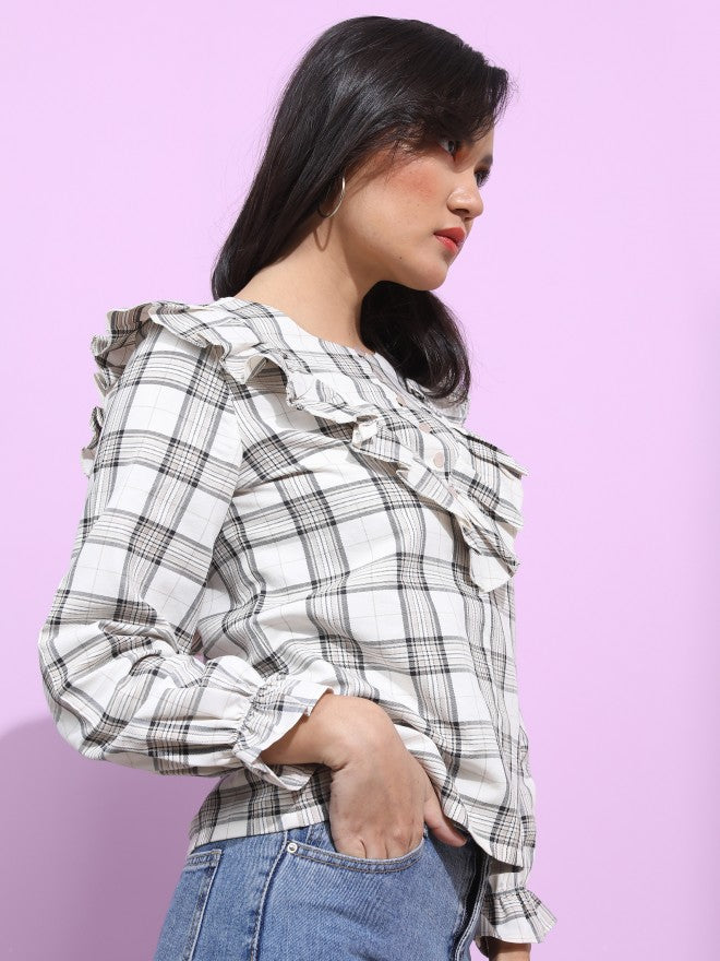 Tokyo Talkies Women White Checked Regular Top - White - Image 6