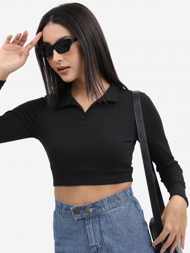 Tokyo Talkies Women Black Solid Fitted Top - Black - Image 1