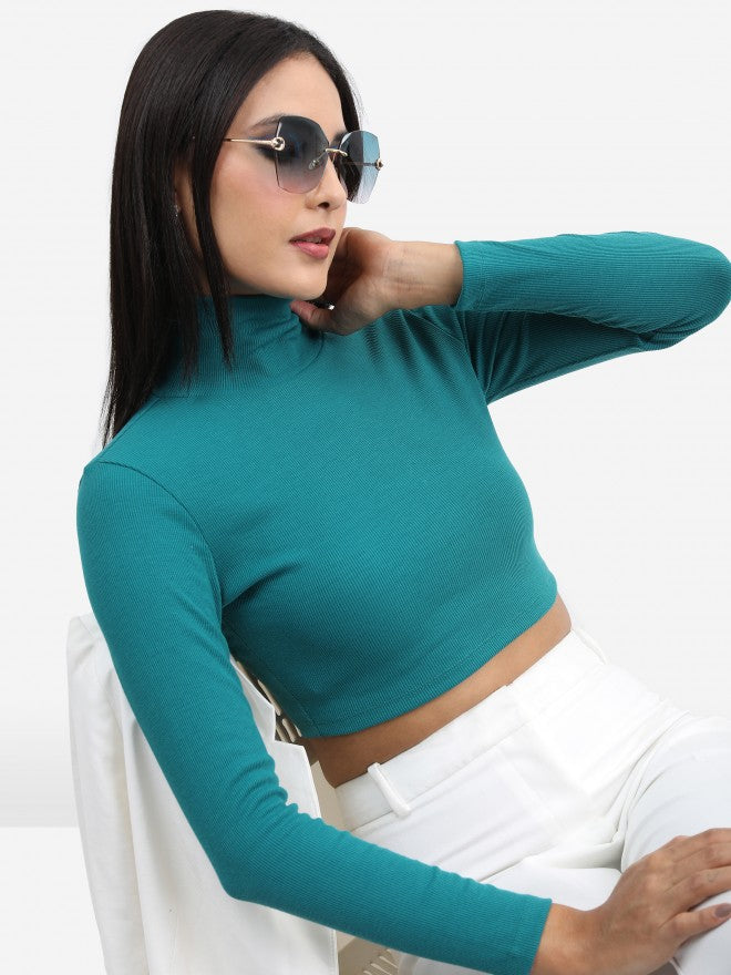 Tokyo Talkies Women Green Solid Fitted Top - Green - Image 1