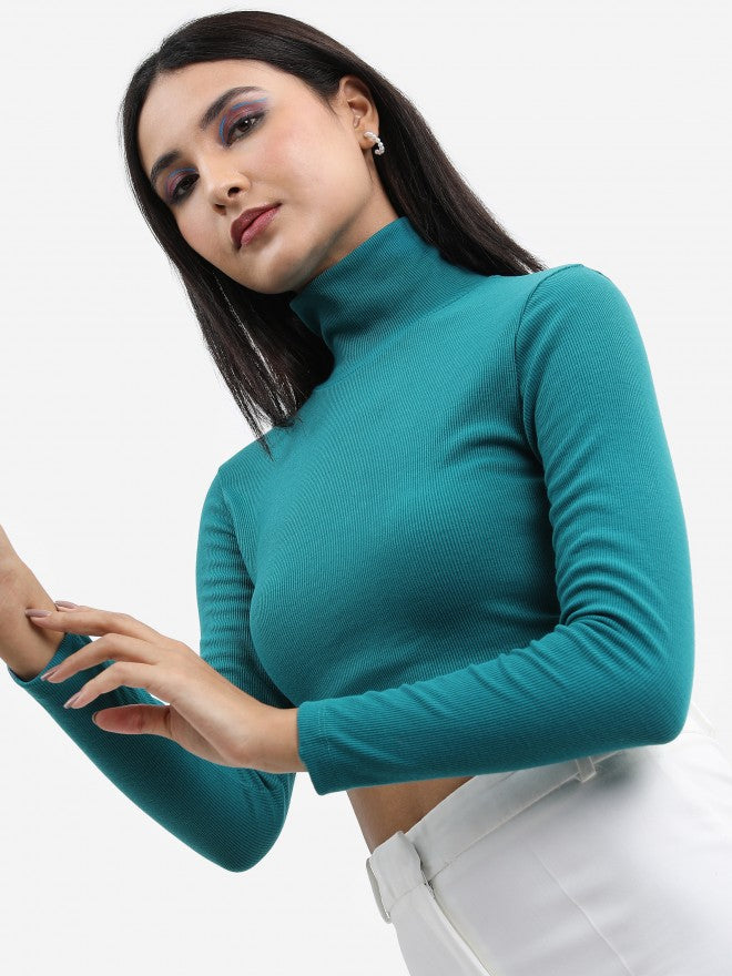 Tokyo Talkies Women Green Solid Fitted Top - Green - Image 4