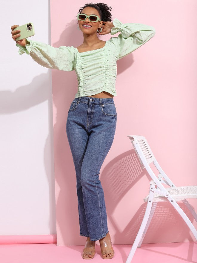Tokyo Talkies Women Green Solid Fitted Top - Green - Image 2