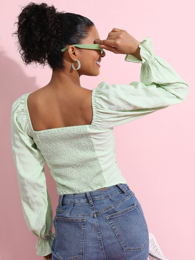 Tokyo Talkies Women Green Solid Fitted Top - Green - Image 3
