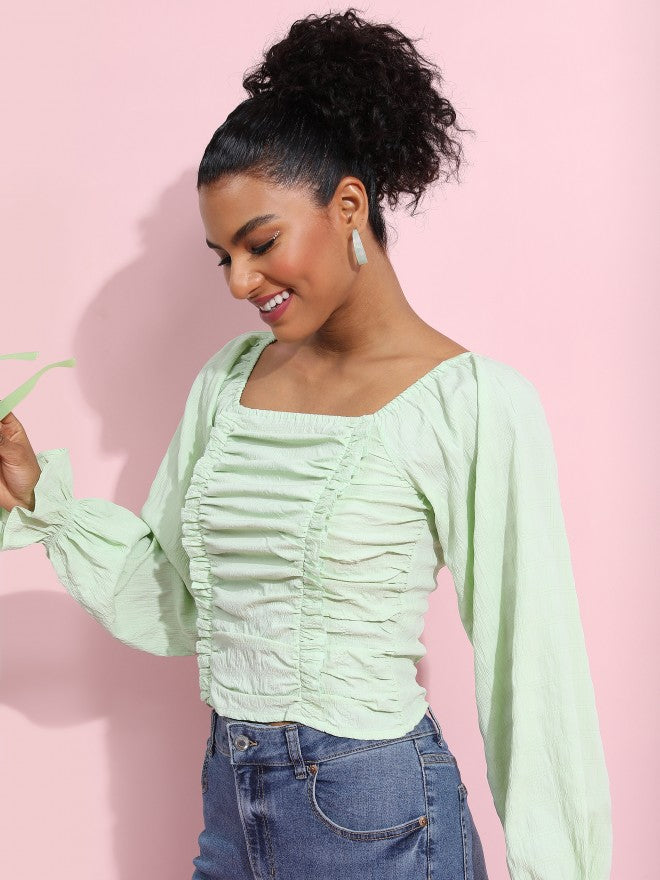 Tokyo Talkies Women Green Solid Fitted Top - Green - Image 4