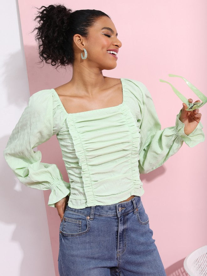 Tokyo Talkies Women Green Solid Fitted Top - Green - Image 6